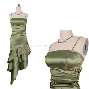 Y2K Blondie Nites Prom Dress Midi Gown 9 10 Green Ruffle Halter Bow Fairy Glam